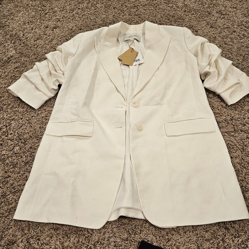 Michael Kors Collection White Linen Ruched Sleeve Blazer Jacket Italy‎ Size 14